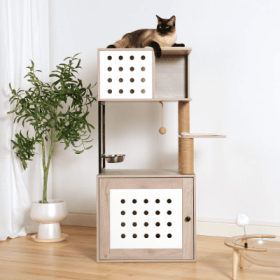 Cat Tree With Litter Box Enclosure, Allinone Cat Tower For Indoor Cats With Large Hammock, Bed, Food Station, Scratching Posts, Modern Style Pet (Option: Whitegray)